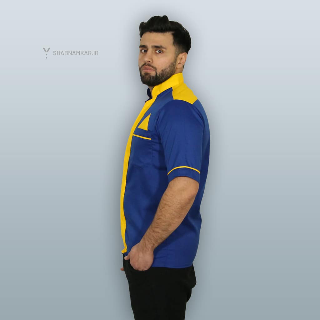 لباس فرم مردانه رستورانی جیبدار آبی زرد نیم رخ